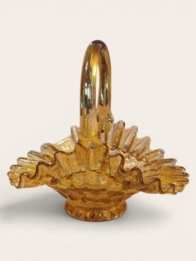 Golden Amber Ruffled Glass Basket with Arch Handle